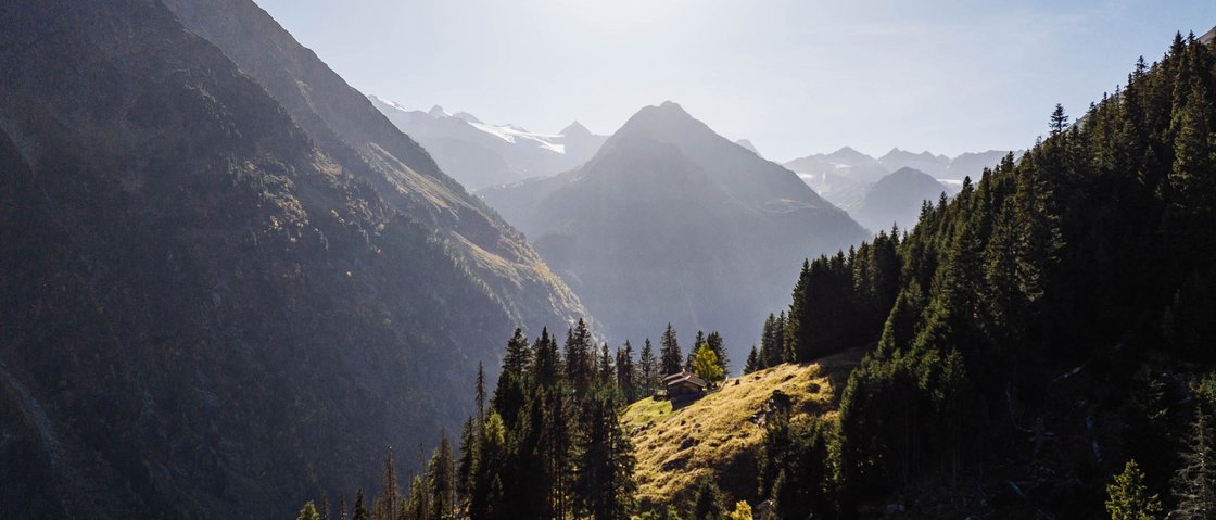 Warum Urlaub im Gletscher Chalet im Stubaital? Berghütte auf sonnigem Hügel umgeben von Nadelwäldern in Alpenlandschaft