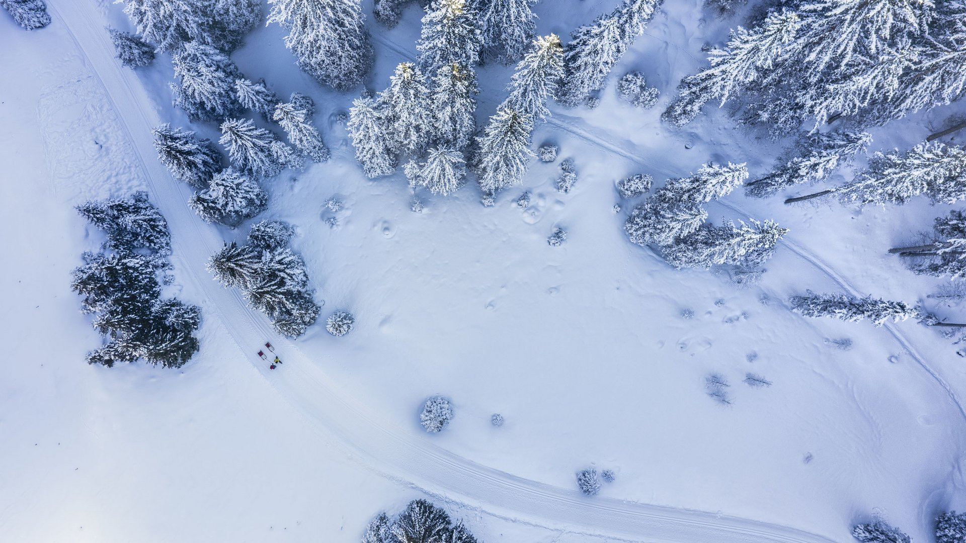Get away from it all and relax at our chalet in Stubaital Aerial view of snowy forest with a snow-covered path winding through it
